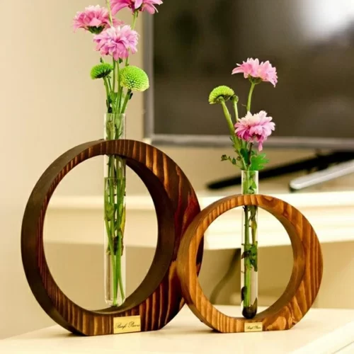 گلدان چوبی دکوری دو عددی با استوانه شیشه ای خاص برف پاییزه
