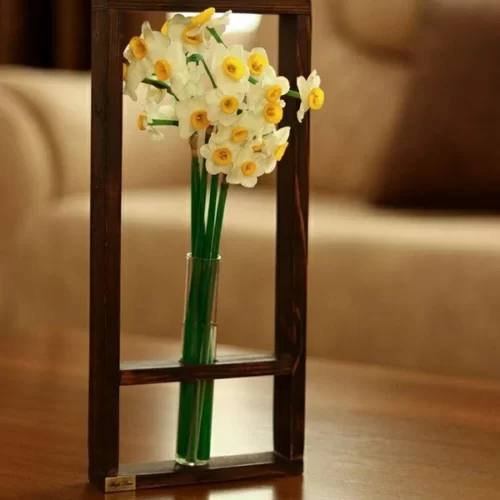 گلدان چوبی کوچک دکوری با استوانه شیشه ای برف پاییزه